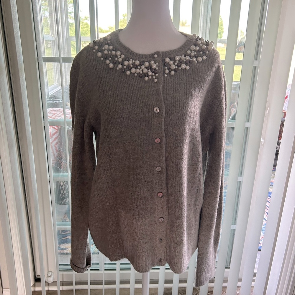 Chadwick’s brand Grey Cardigan Sweater. SIZE LARGE. Embellished with faux pearls
